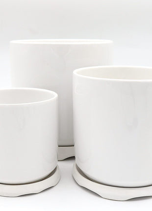 Indoor White Ceramic Pot with attached Saucer