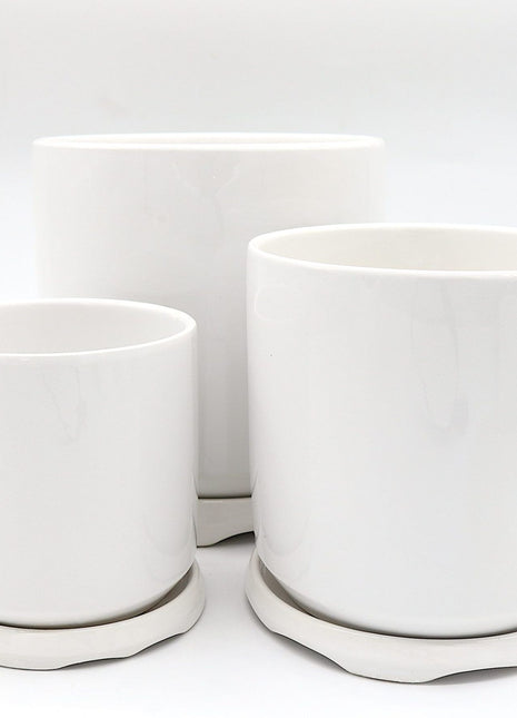 Indoor White Ceramic Pot with attached Saucer