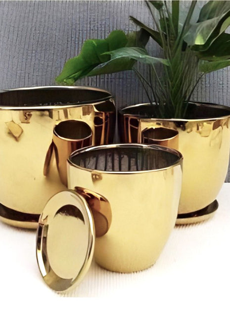 Shining Gold Vase Set (Ceramic Vase) with Saucer